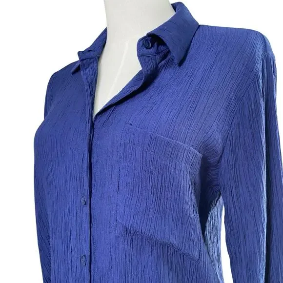50th Street Petite Navy Blue Crinkle Long Sleeve Button Front Blouse Size PS - Picture 2 of 11
